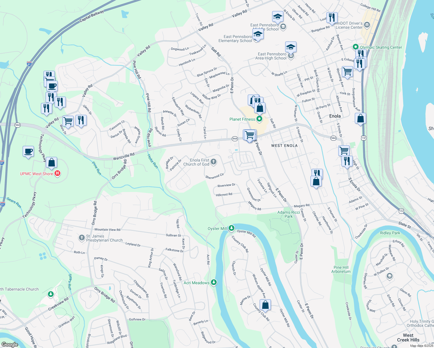 map of restaurants, bars, coffee shops, grocery stores, and more near 47 Sherwood Cir in Enola