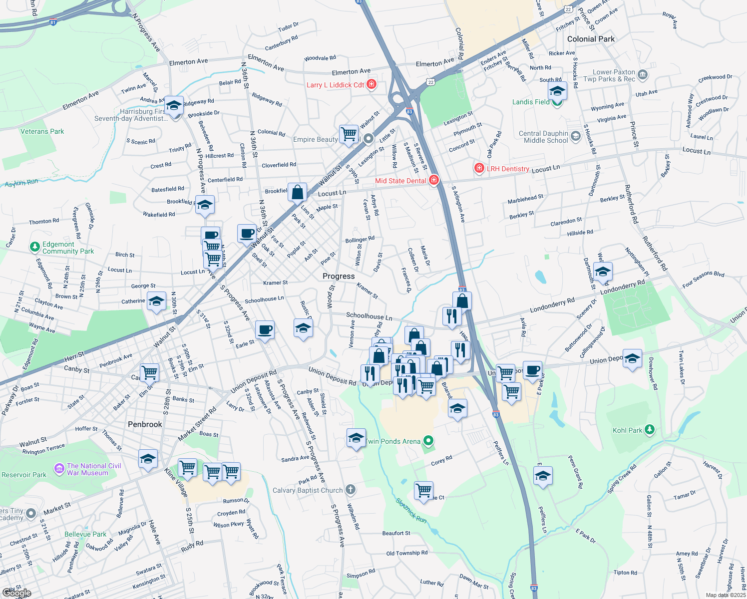 map of restaurants, bars, coffee shops, grocery stores, and more near 500 Dewitt Avenue in Harrisburg
