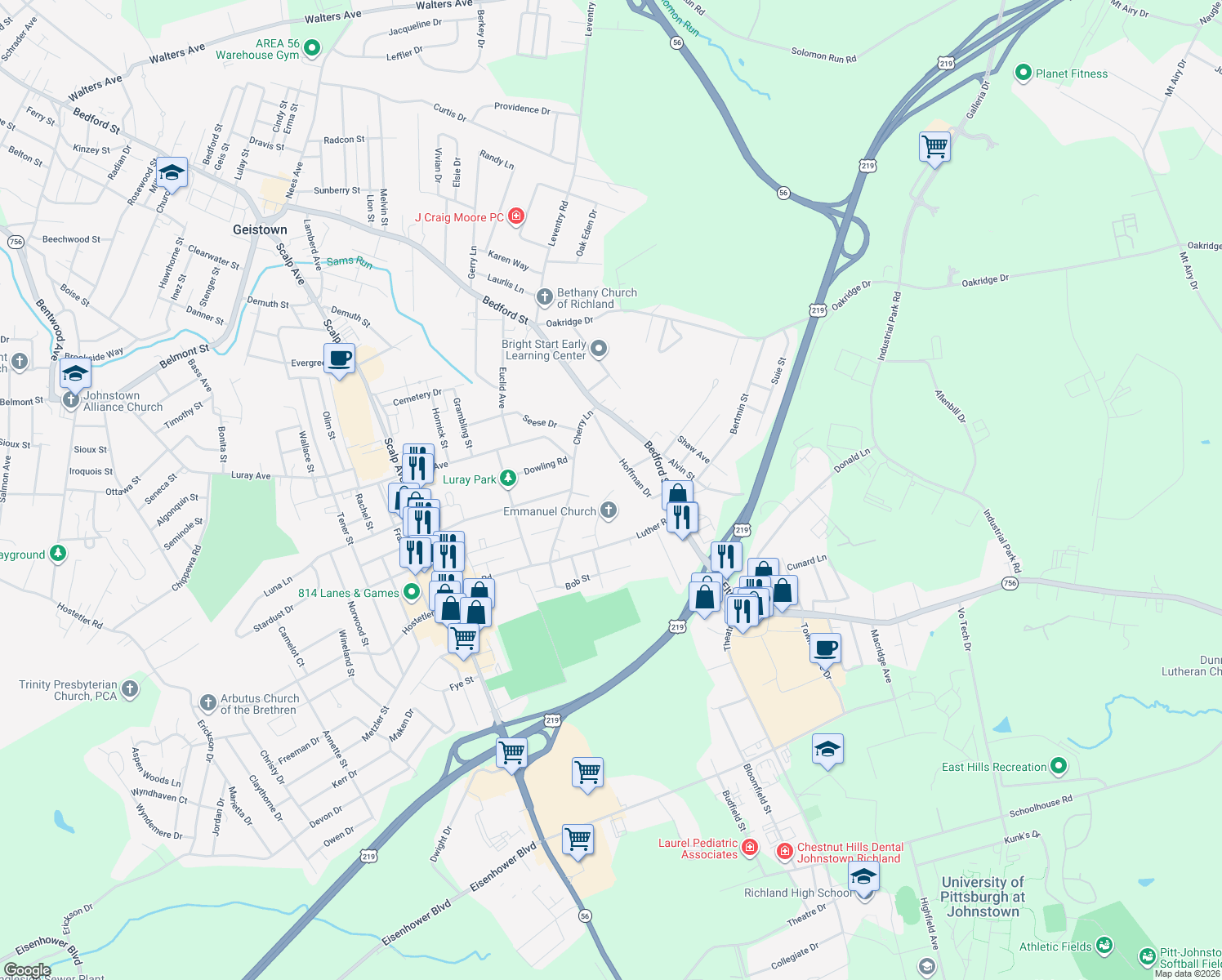 map of restaurants, bars, coffee shops, grocery stores, and more near 198 Lauretta Ln in Johnstown