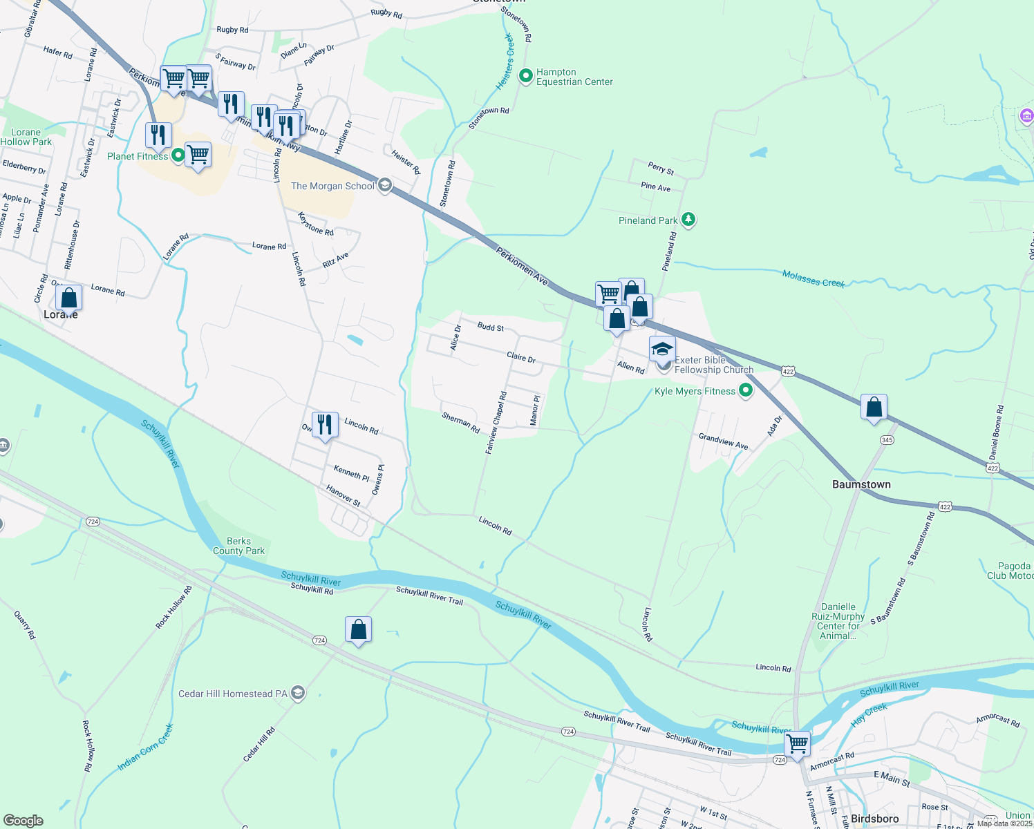 map of restaurants, bars, coffee shops, grocery stores, and more near 506 Buddies Court in Birdsboro