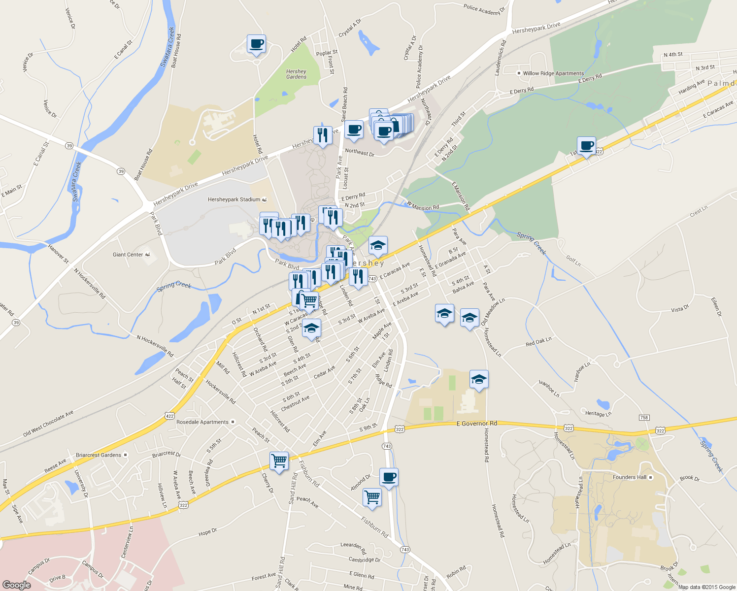 map of restaurants, bars, coffee shops, grocery stores, and more near 29 West Granada Avenue in Hershey
