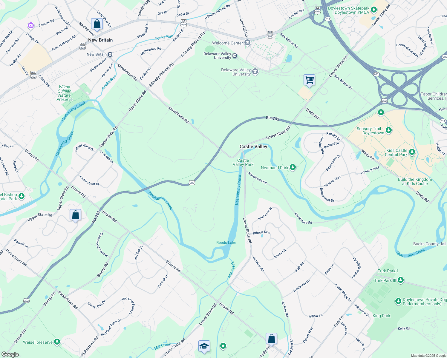 map of restaurants, bars, coffee shops, grocery stores, and more near 3 Quail Drive in Doylestown