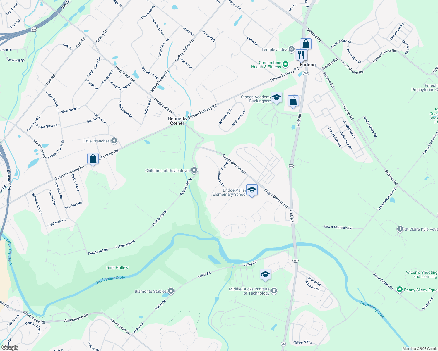 map of restaurants, bars, coffee shops, grocery stores, and more near 559 McCarty Drive in Furlong