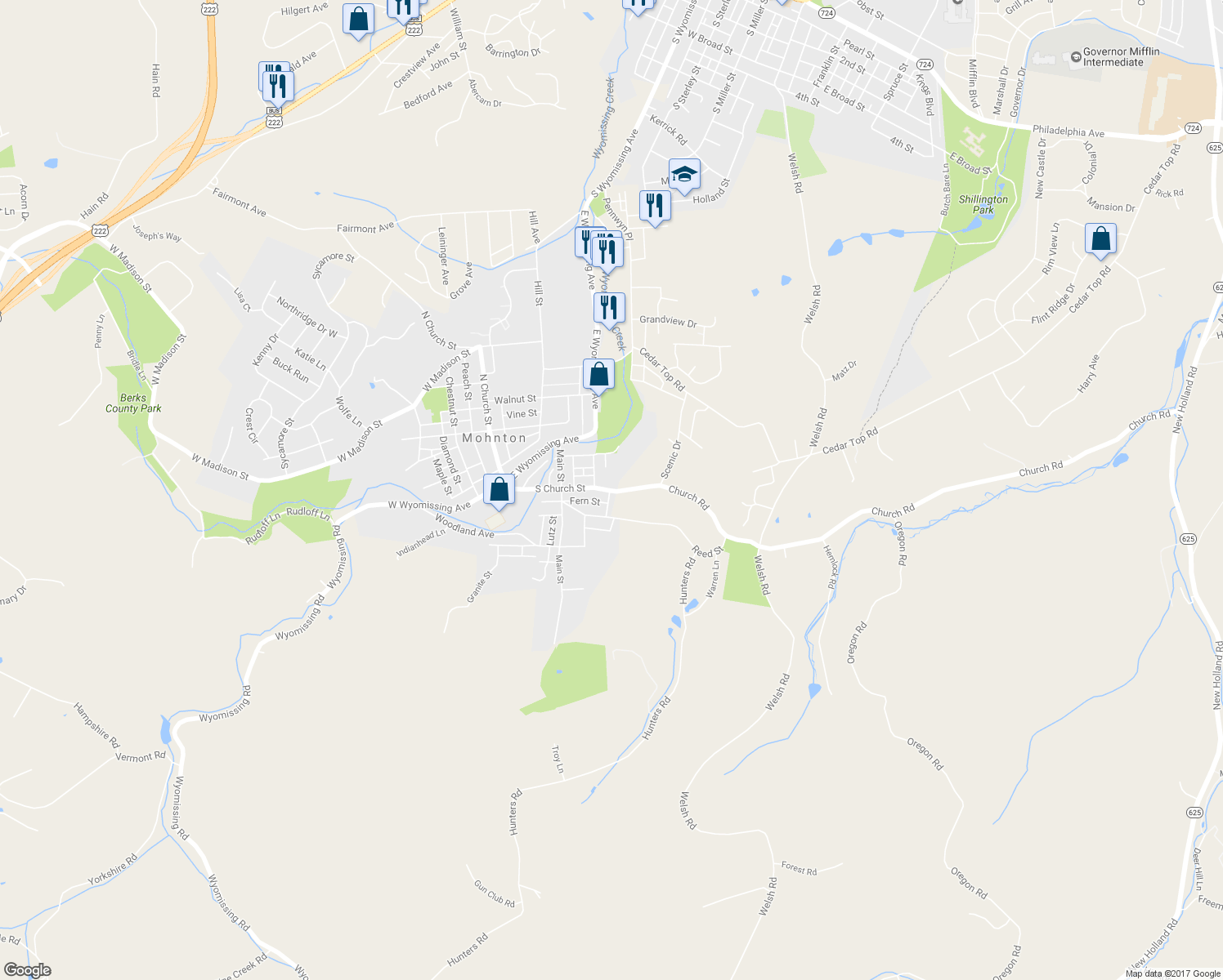 map of restaurants, bars, coffee shops, grocery stores, and more near 205 South Church Street in Mohnton