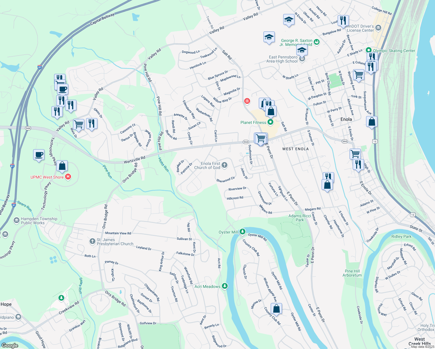 map of restaurants, bars, coffee shops, grocery stores, and more near 69 Sherwood Cir in Enola