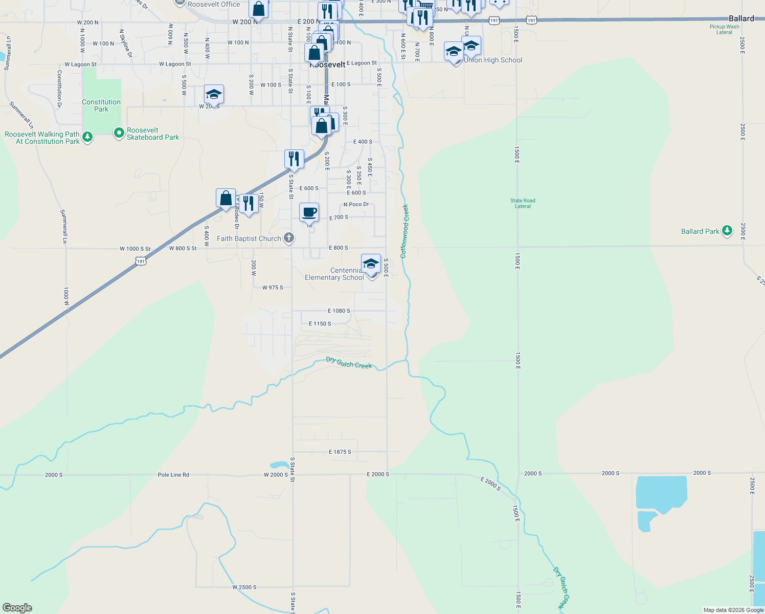 map of restaurants, bars, coffee shops, grocery stores, and more near 481 East 1080 South in Roosevelt