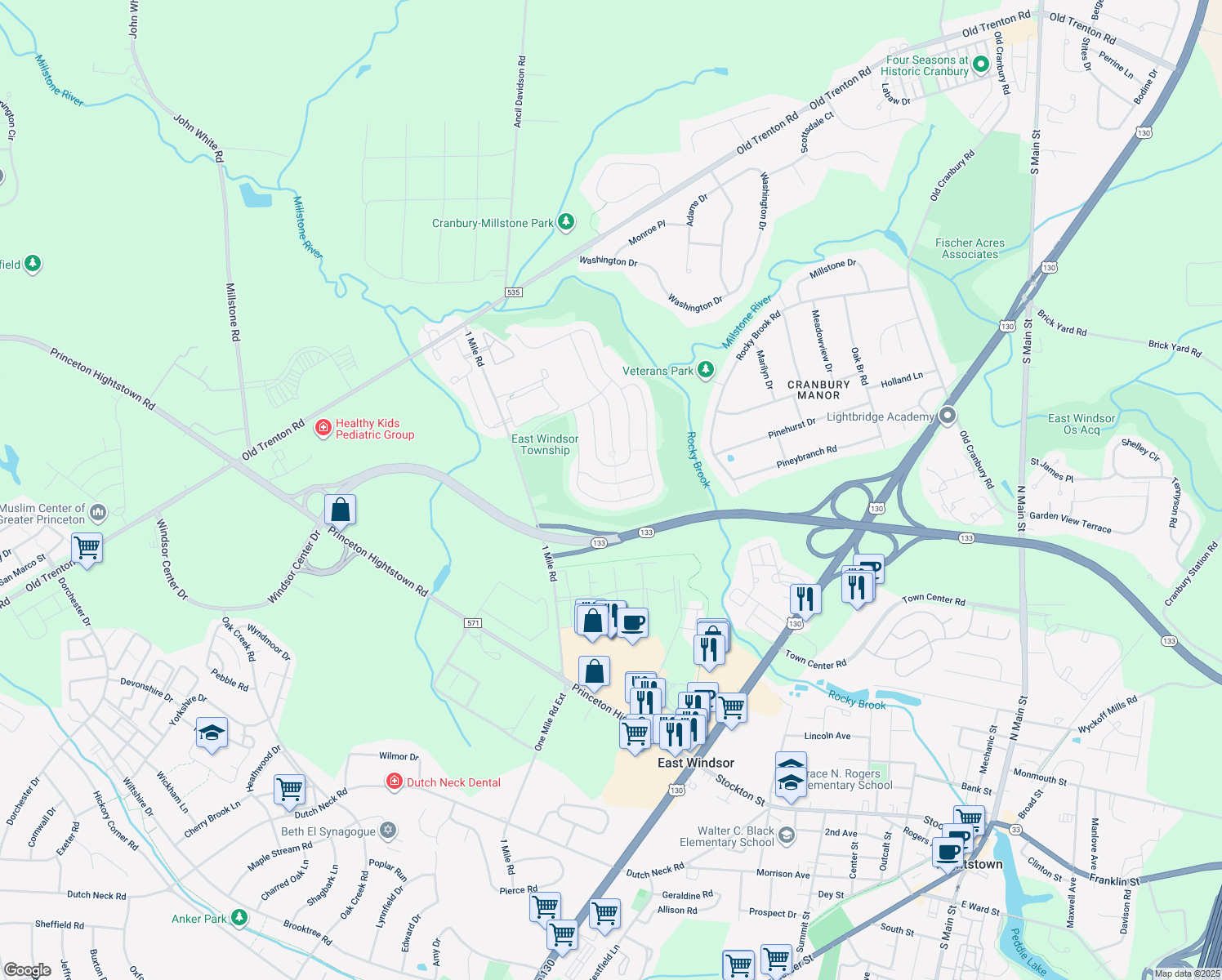 map of restaurants, bars, coffee shops, grocery stores, and more near 18 Goddard Drive in East Windsor