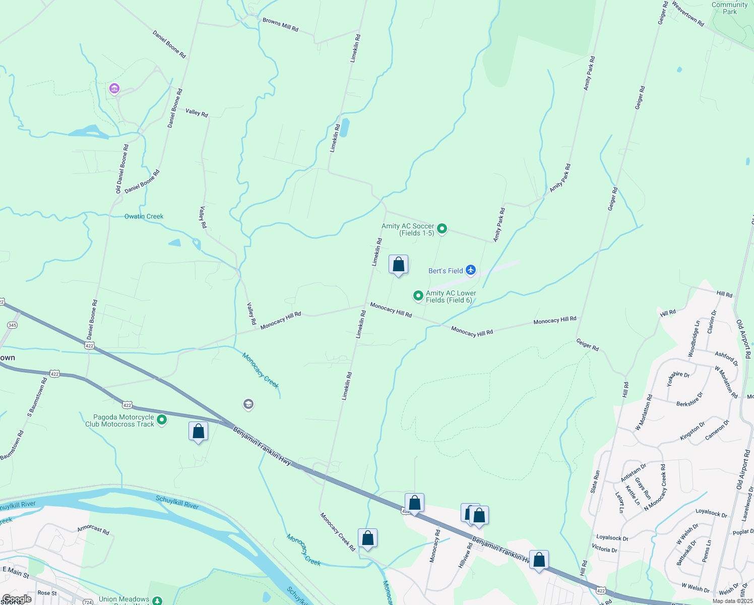 map of restaurants, bars, coffee shops, grocery stores, and more near 2895 Limekiln Rd in Birdsboro