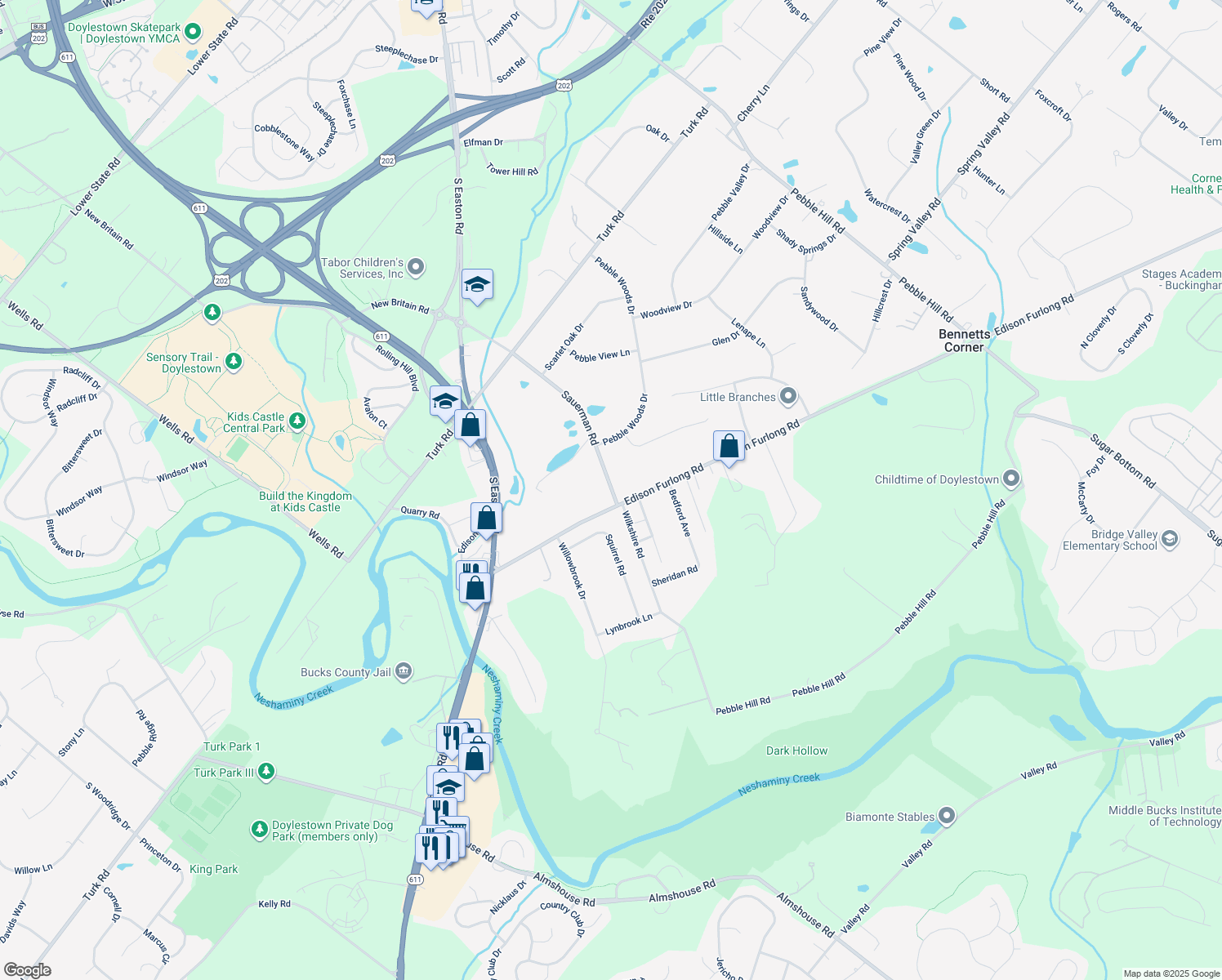 map of restaurants, bars, coffee shops, grocery stores, and more near 92 Sauerman Road in Doylestown