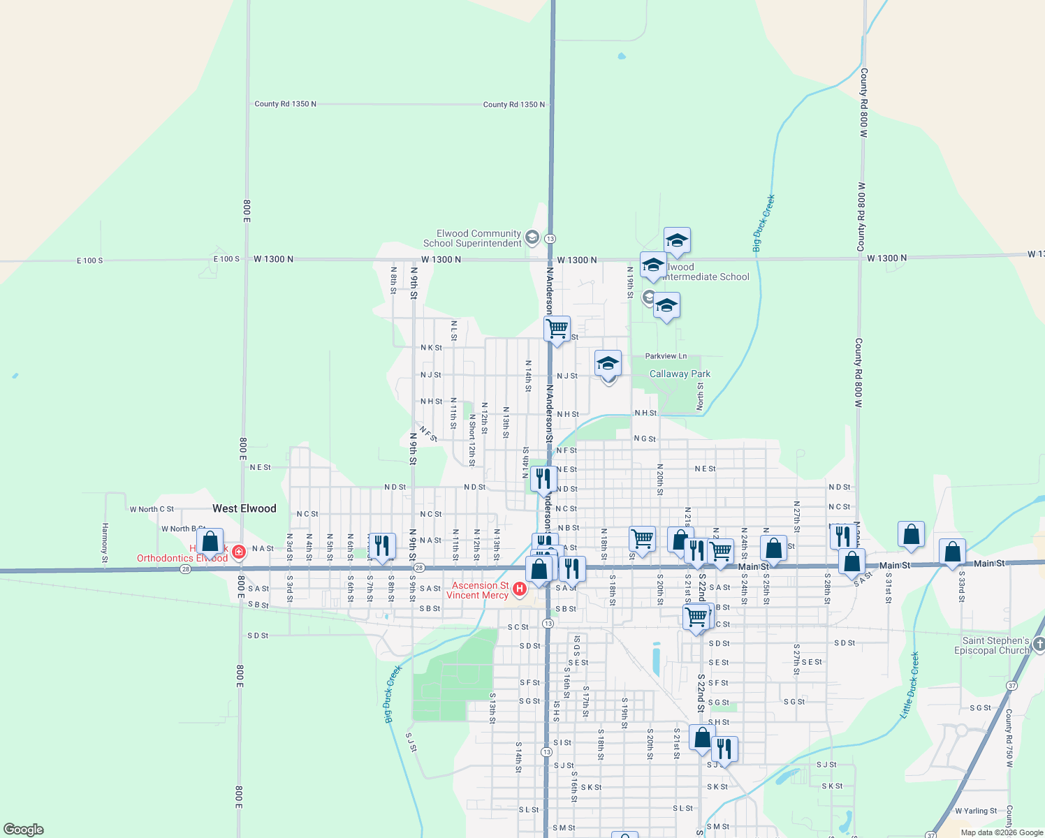 map of restaurants, bars, coffee shops, grocery stores, and more near 748 North 14th Street in Elwood