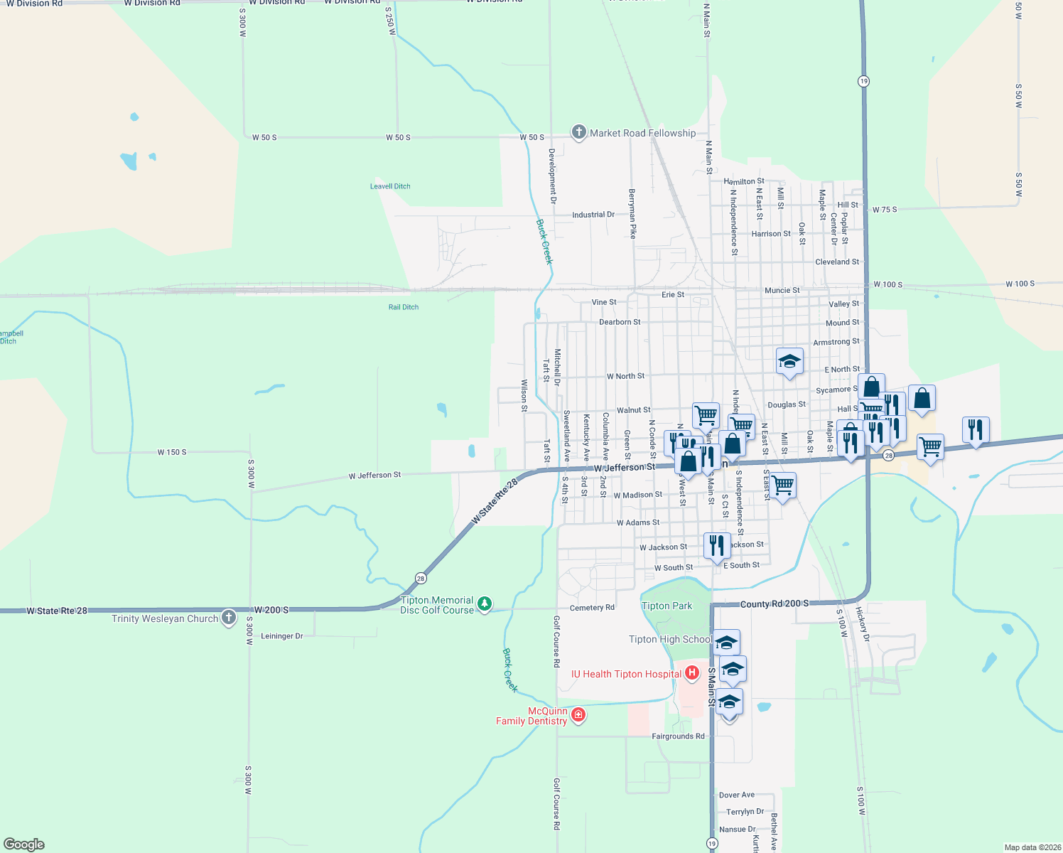 map of restaurants, bars, coffee shops, grocery stores, and more near 225 Wilson Street in Tipton