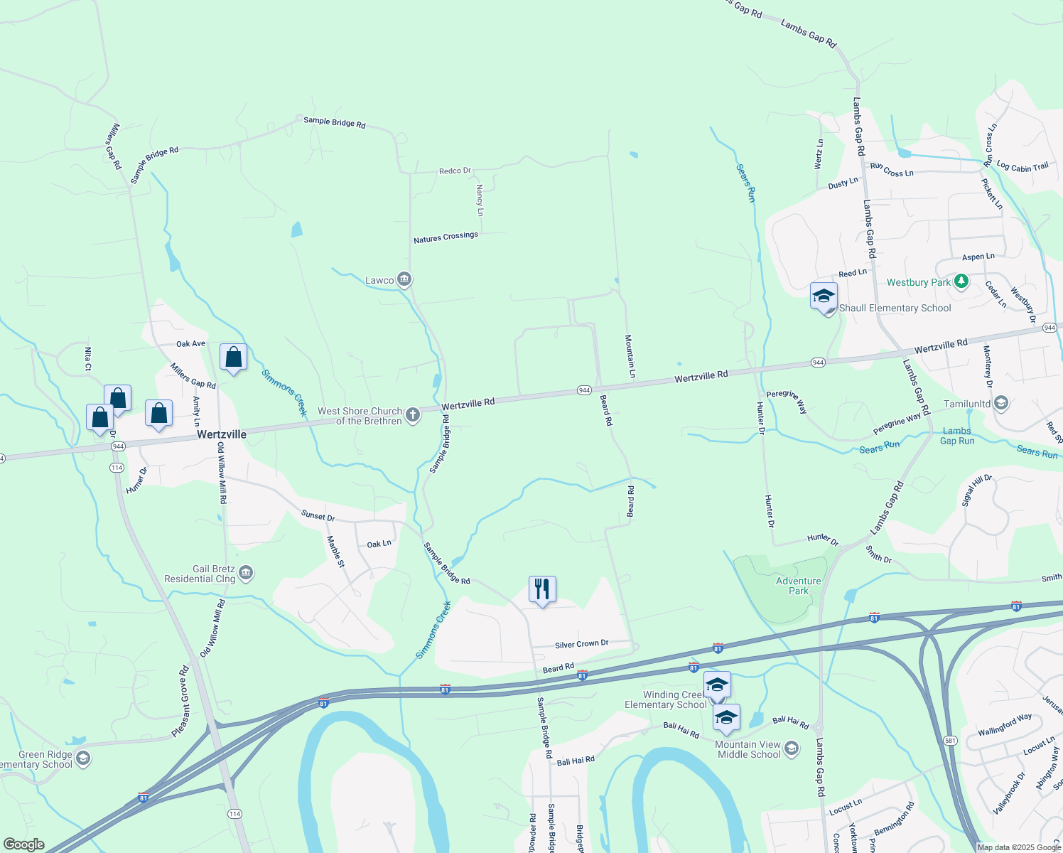 map of restaurants, bars, coffee shops, grocery stores, and more near 6875 Wertzville Road in Enola