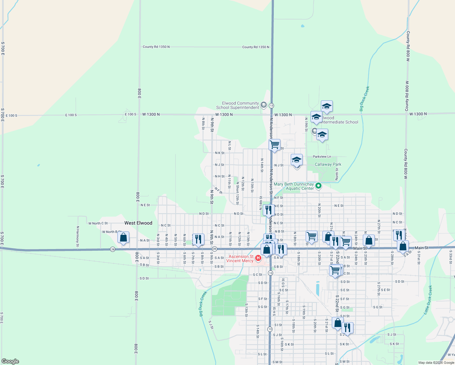 map of restaurants, bars, coffee shops, grocery stores, and more near 832 N 11th St in Elwood