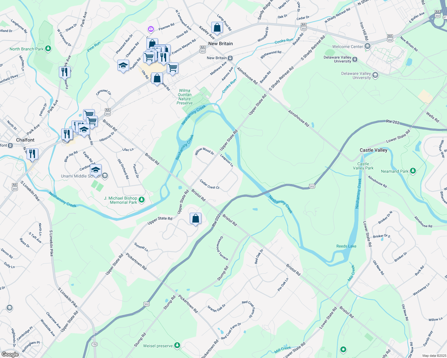 map of restaurants, bars, coffee shops, grocery stores, and more near 26 Leapson Lane in Doylestown