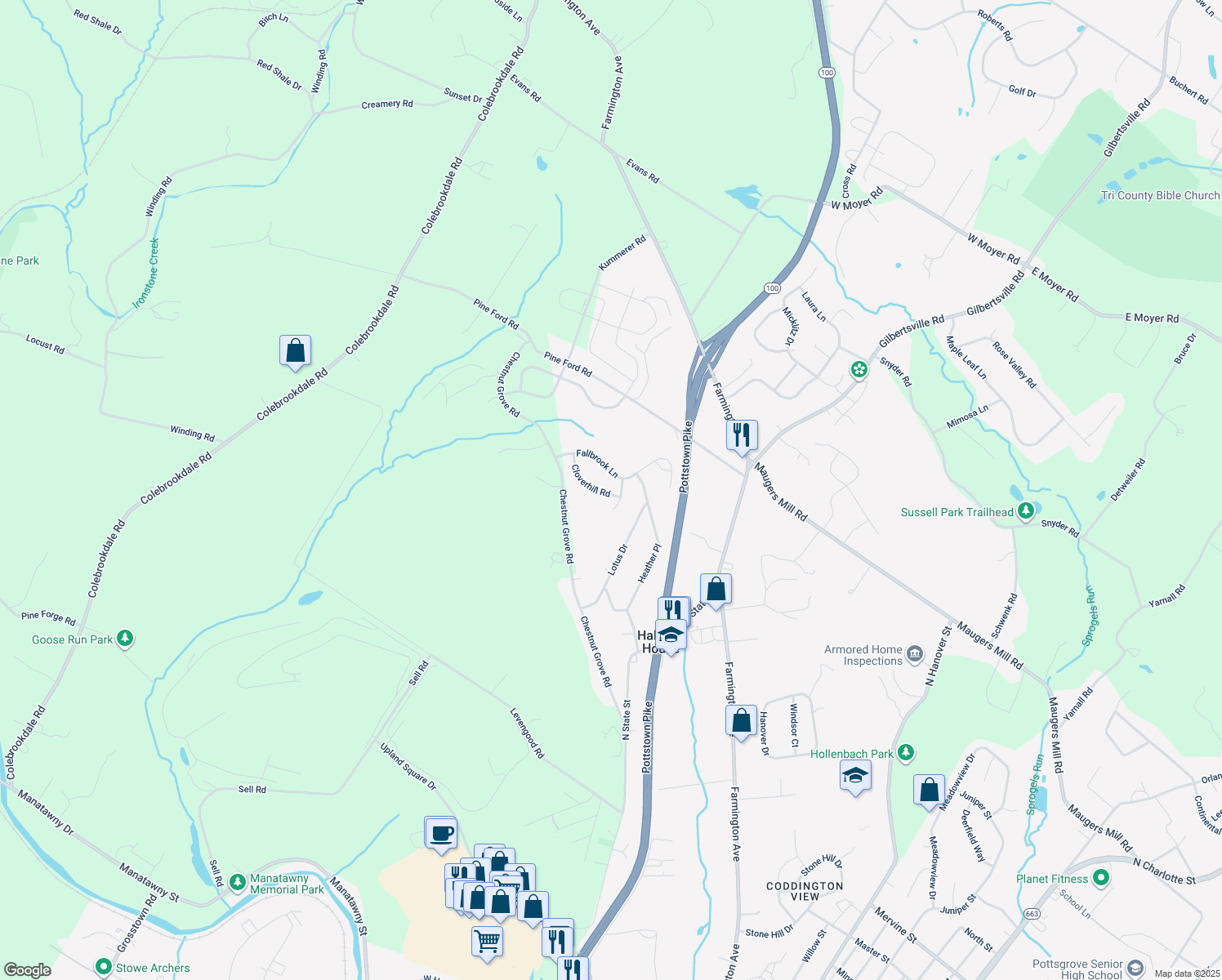 map of restaurants, bars, coffee shops, grocery stores, and more near 1518 Cloverhill Road in Pottstown