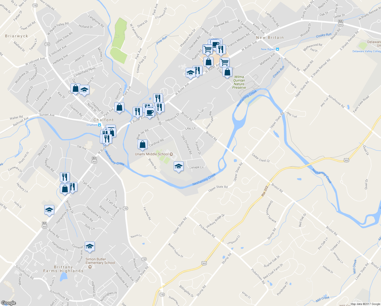 map of restaurants, bars, coffee shops, grocery stores, and more near 182 Old Orchard Road in Chalfont
