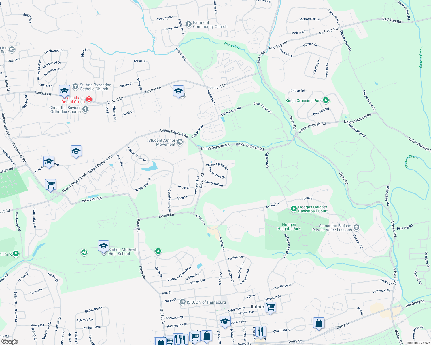map of restaurants, bars, coffee shops, grocery stores, and more near 6082 Peach Tree Street in Harrisburg
