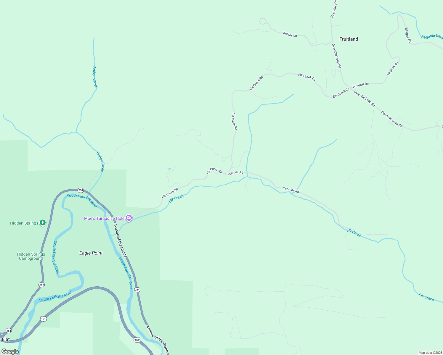 map of restaurants, bars, coffee shops, grocery stores, and more near 850 Elk Creek Road in Myers Flat