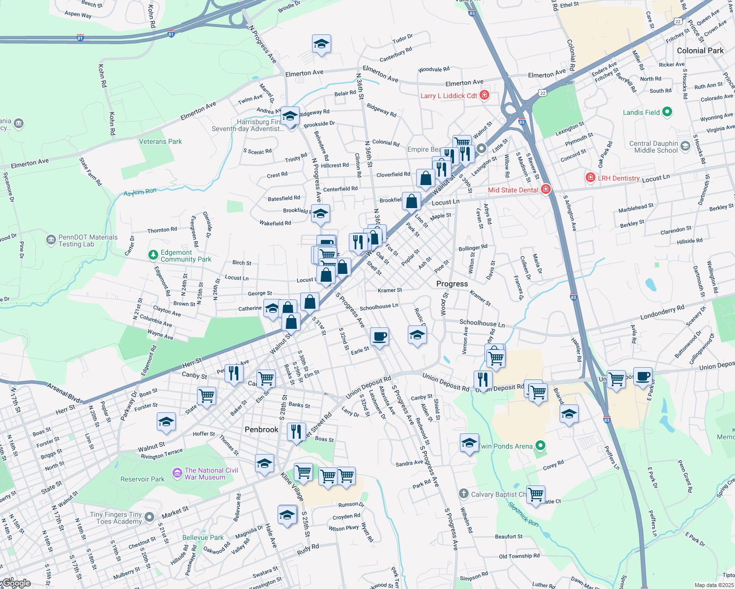 map of restaurants, bars, coffee shops, grocery stores, and more near 3425 Kramer Street in Harrisburg