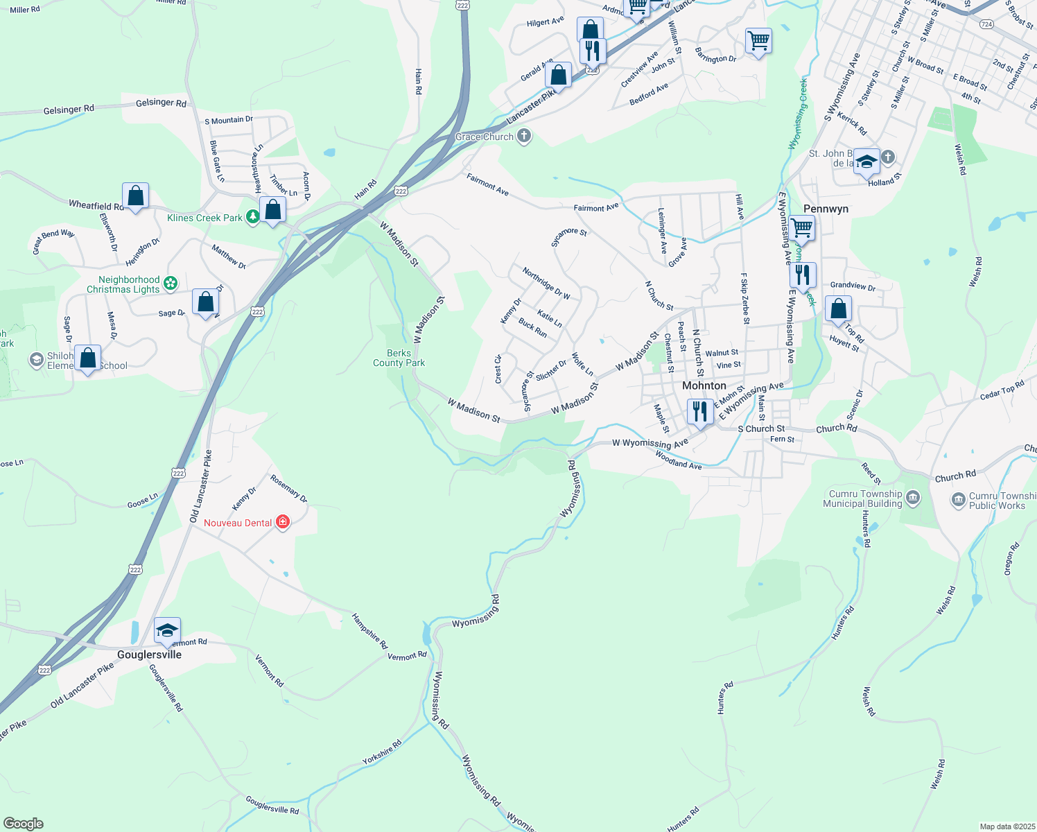 map of restaurants, bars, coffee shops, grocery stores, and more near 403 W Madison St in Mohnton