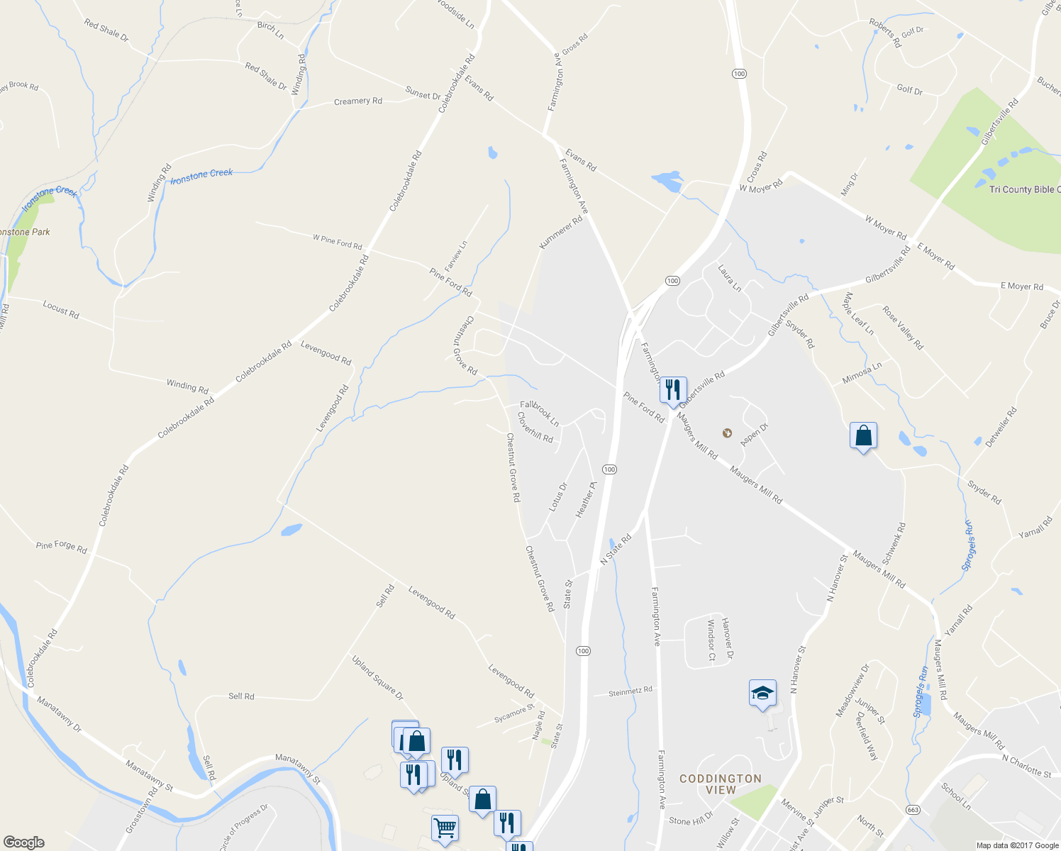 map of restaurants, bars, coffee shops, grocery stores, and more near 1508 Cloverhill Road in Pottstown