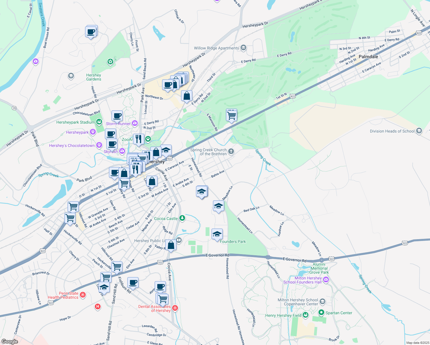 map of restaurants, bars, coffee shops, grocery stores, and more near 255 Bahia Avenue in Hershey