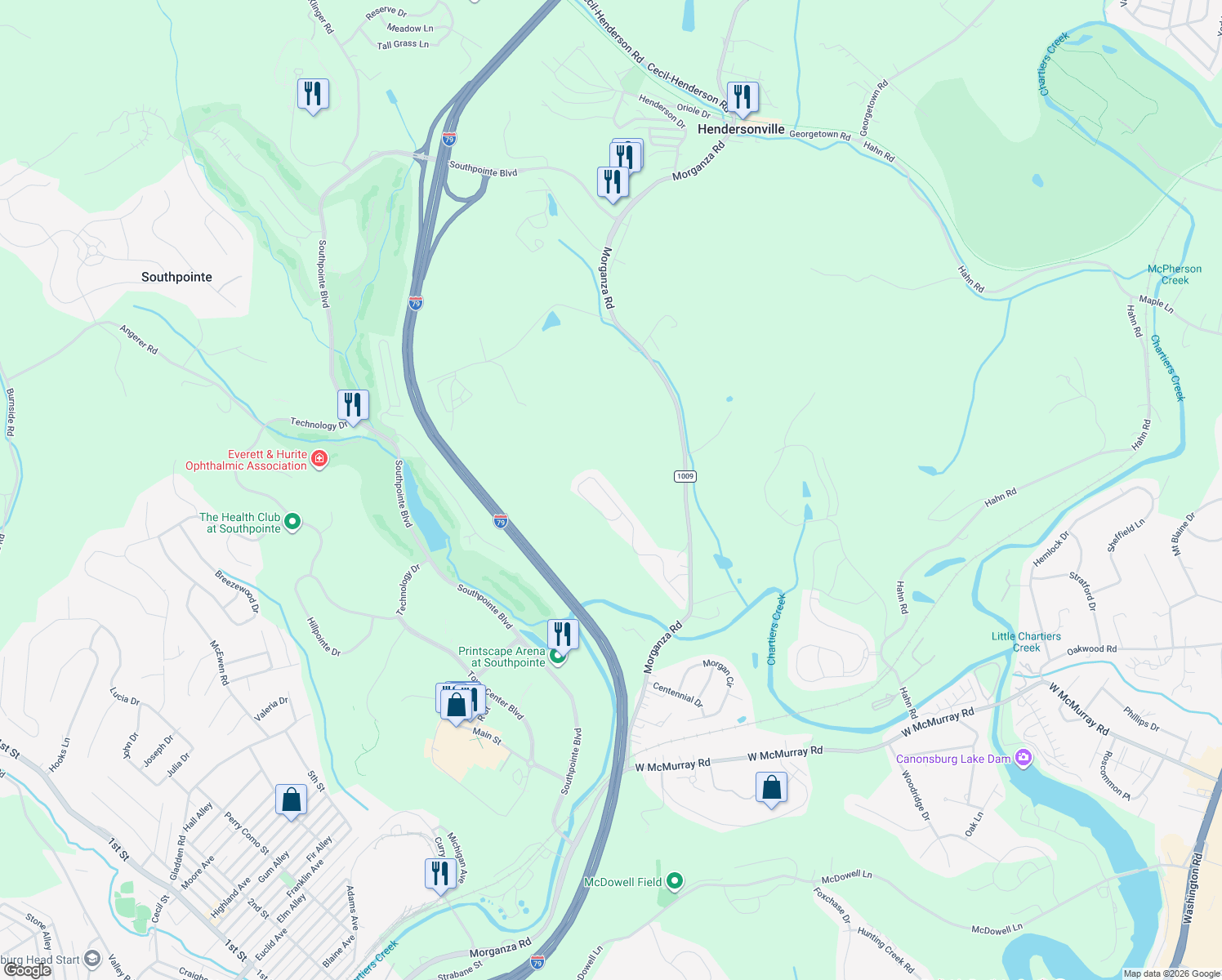 map of restaurants, bars, coffee shops, grocery stores, and more near 298 Maple Ridge Drive in Canonsburg