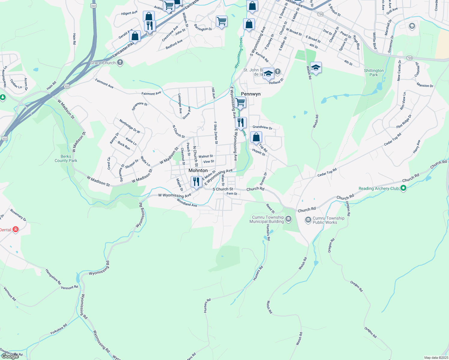 map of restaurants, bars, coffee shops, grocery stores, and more near 27 Main Street in Mohnton