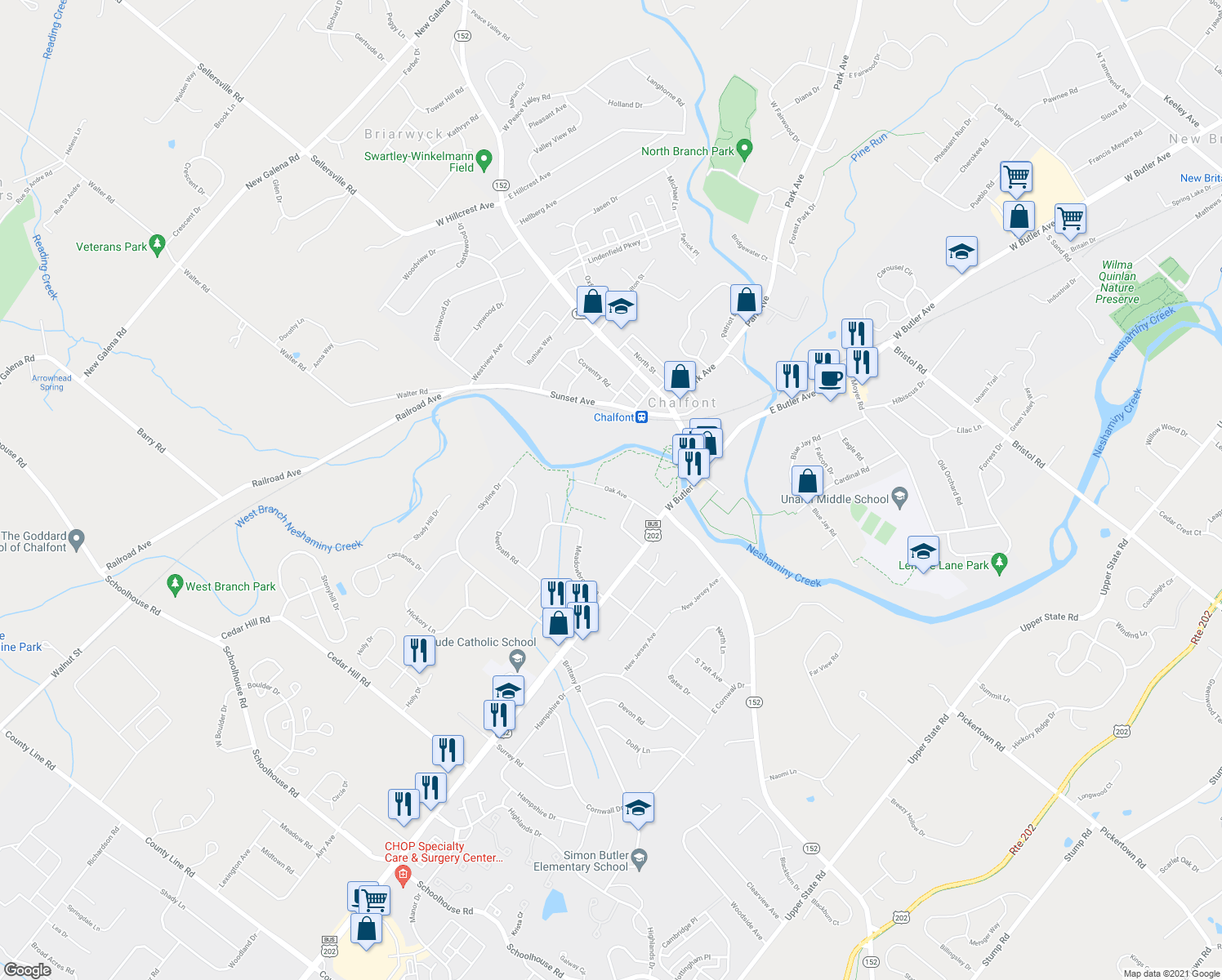 map of restaurants, bars, coffee shops, grocery stores, and more near 106 Oak Avenue in Chalfont