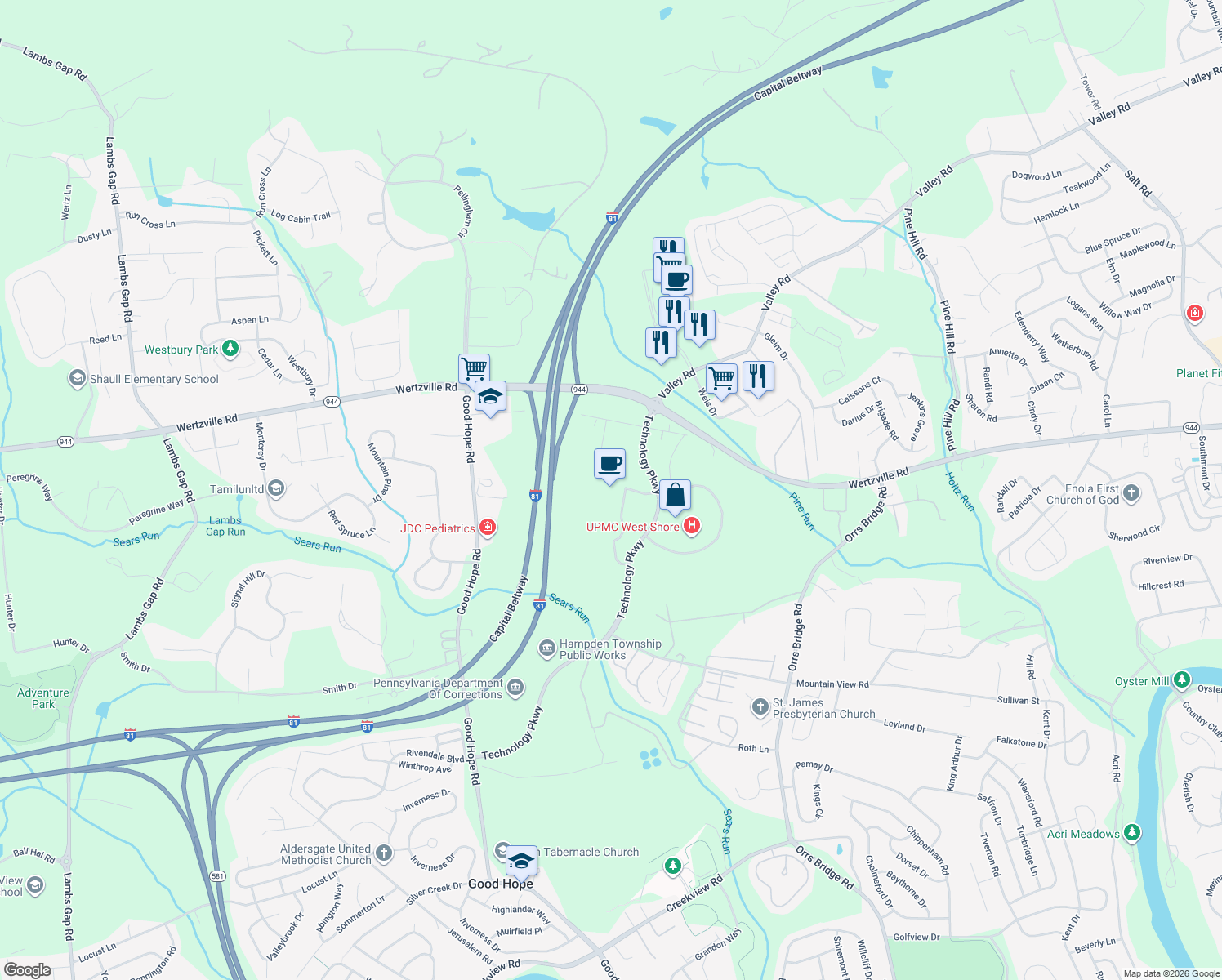 map of restaurants, bars, coffee shops, grocery stores, and more near 2020 Technology Parkway in Mechanicsburg