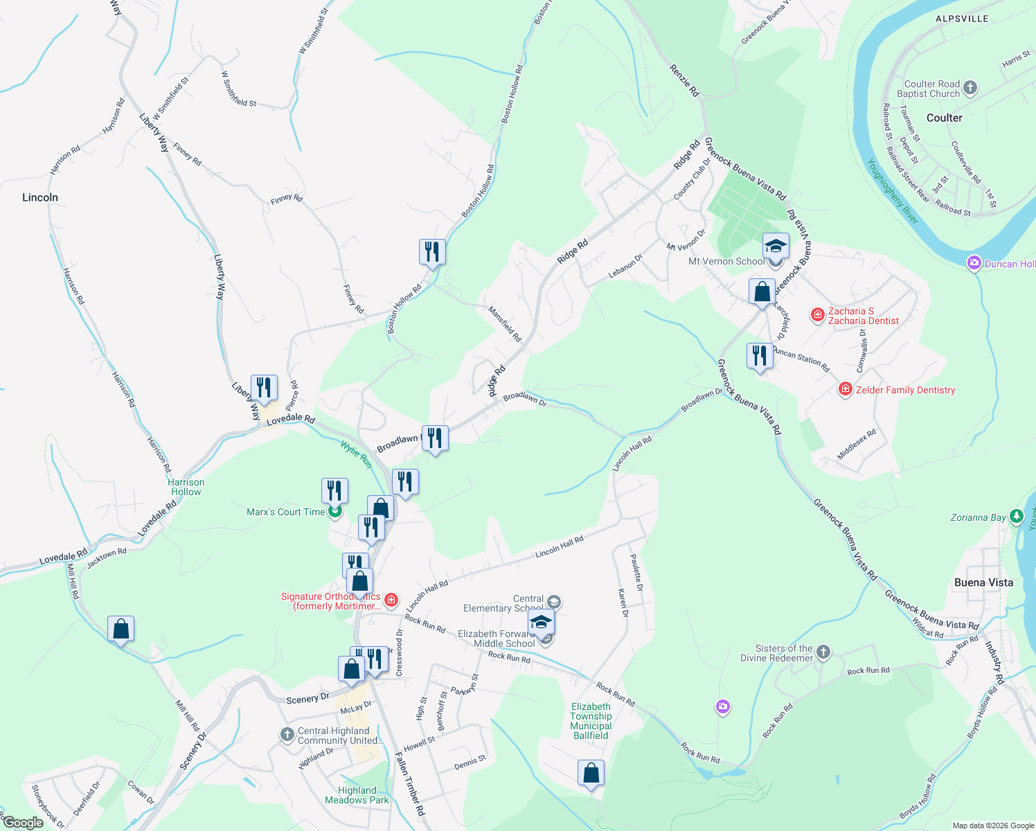 map of restaurants, bars, coffee shops, grocery stores, and more near 270 Broadlawn Drive in Elizabeth