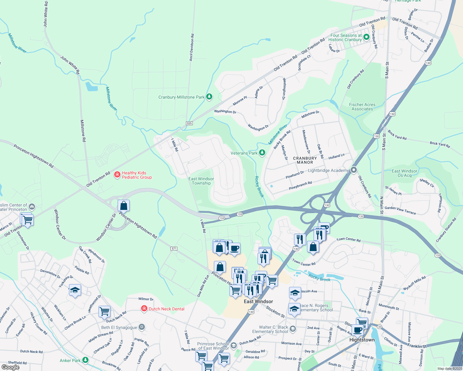 map of restaurants, bars, coffee shops, grocery stores, and more near 59 Einstein Way in East Windsor