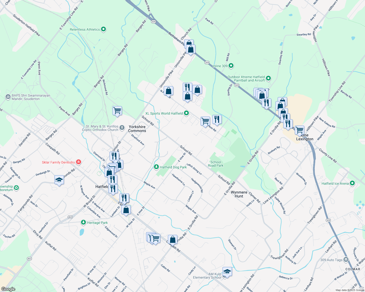 map of restaurants, bars, coffee shops, grocery stores, and more near 1941 School Rd in Hatfield
