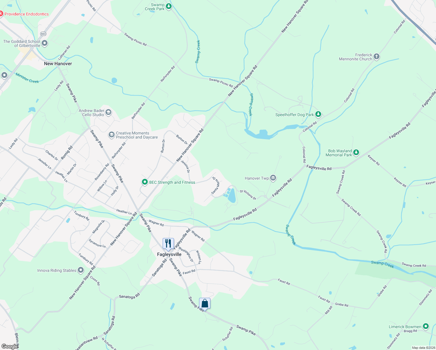 map of restaurants, bars, coffee shops, grocery stores, and more near 2502 Jessica Drive in Gilbertsville