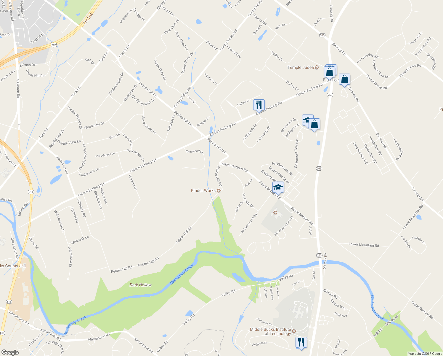 map of restaurants, bars, coffee shops, grocery stores, and more near 1057 Pebble Hill Road in Doylestown