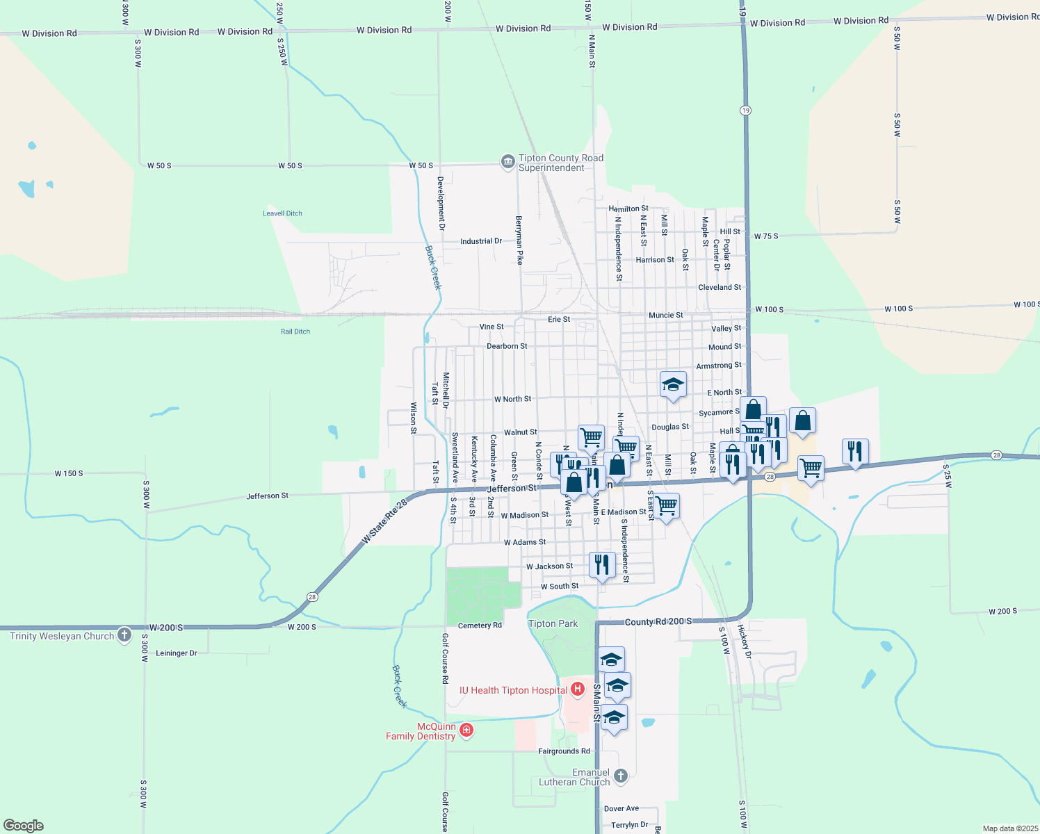 map of restaurants, bars, coffee shops, grocery stores, and more near 321 Green St in Tipton