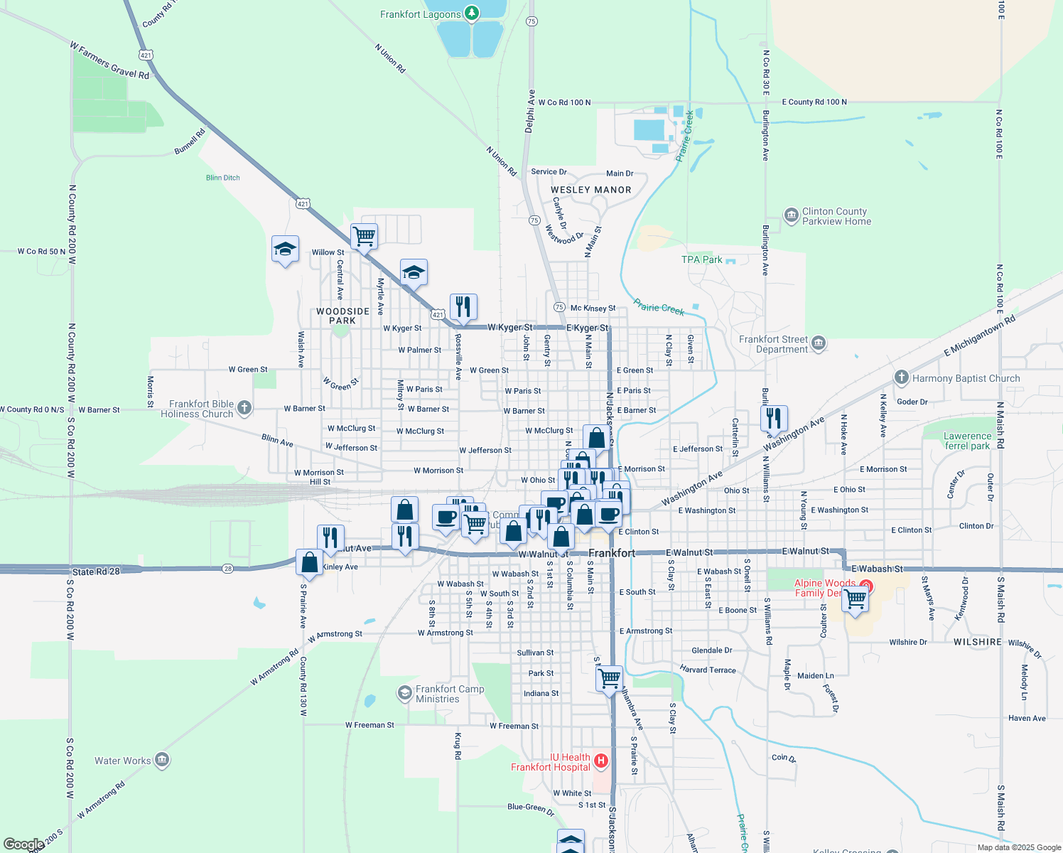 map of restaurants, bars, coffee shops, grocery stores, and more near 356 W Mcclurg St in Frankfort