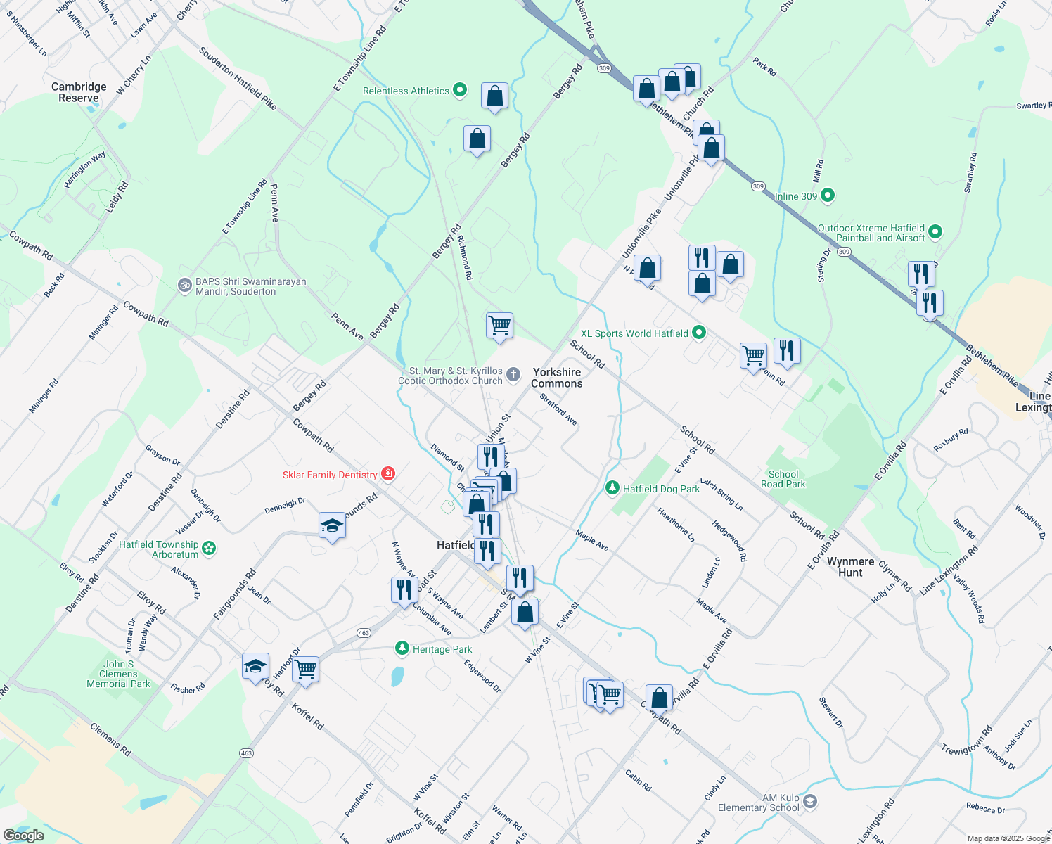 map of restaurants, bars, coffee shops, grocery stores, and more near 54 Garfield Avenue in Hatfield