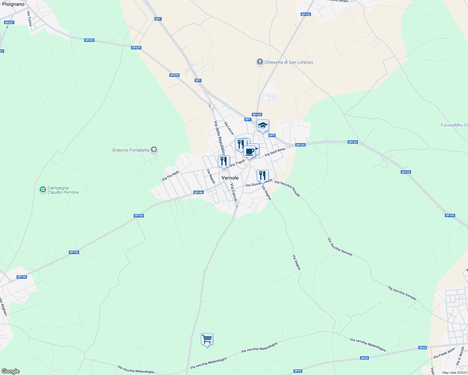 map of restaurants, bars, coffee shops, grocery stores, and more near 19 Via D. de Dominicis in Vernole
