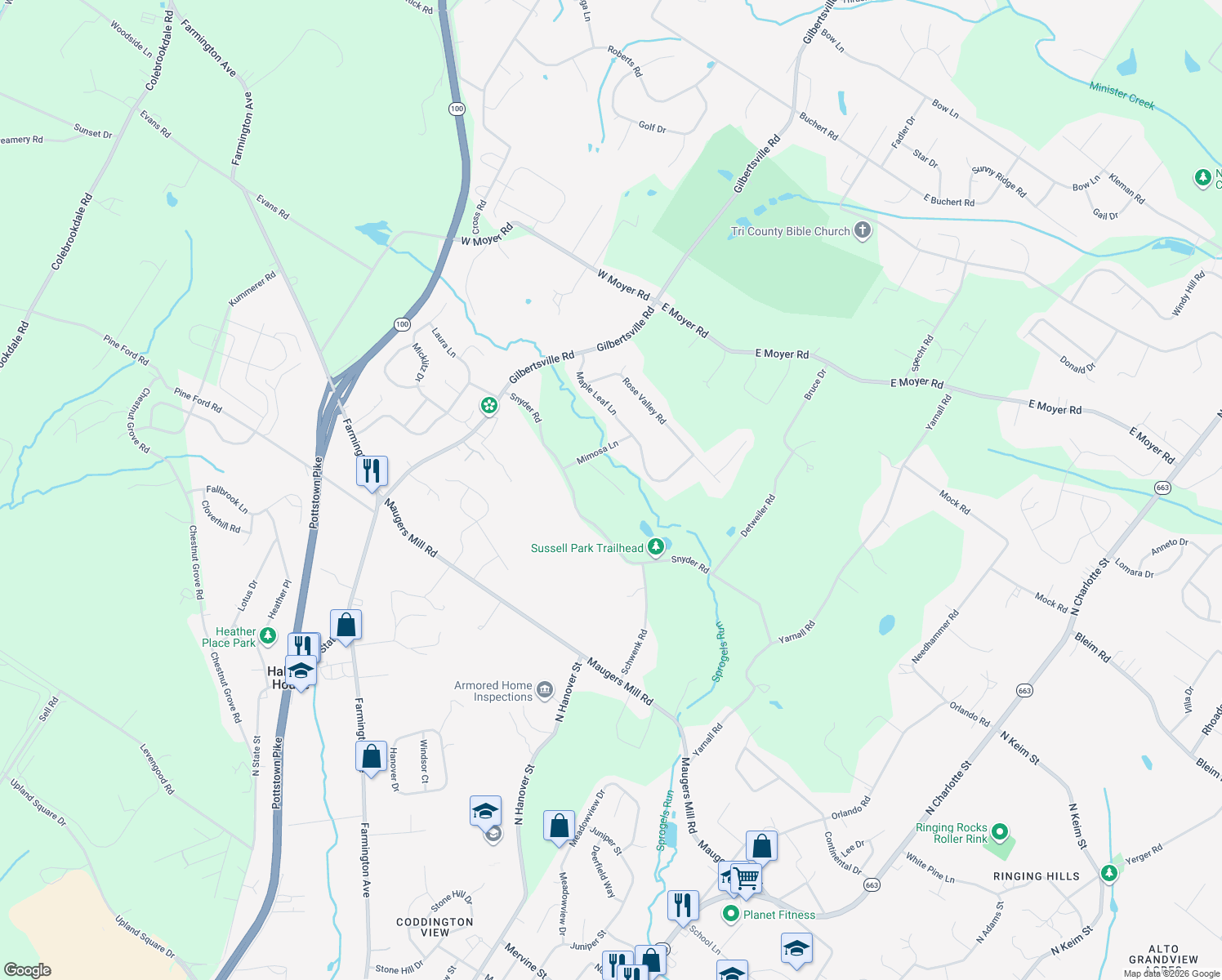 map of restaurants, bars, coffee shops, grocery stores, and more near 150 Boxwood Court in Pottstown