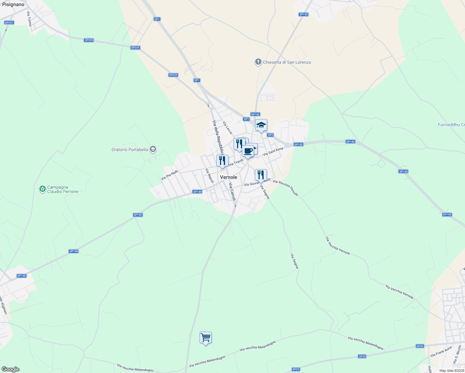 map of restaurants, bars, coffee shops, grocery stores, and more near 19 Via D. de Dominicis in Vernole
