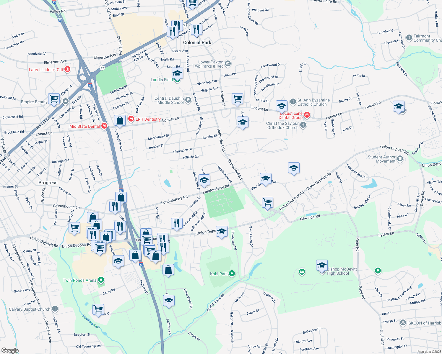 map of restaurants, bars, coffee shops, grocery stores, and more near 4844 Peterborough Road in Harrisburg