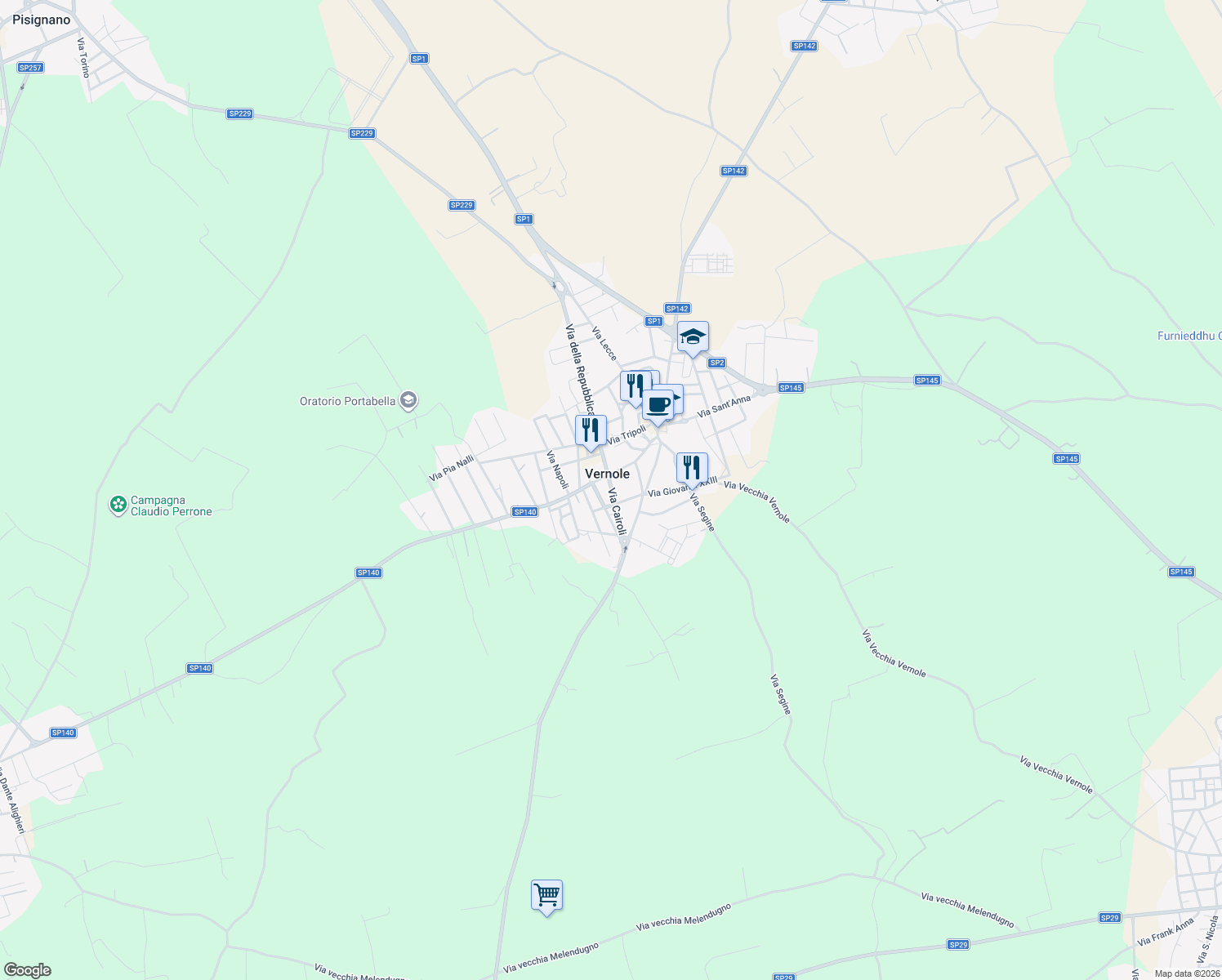 map of restaurants, bars, coffee shops, grocery stores, and more near 19 Via D. de Dominicis in Vernole