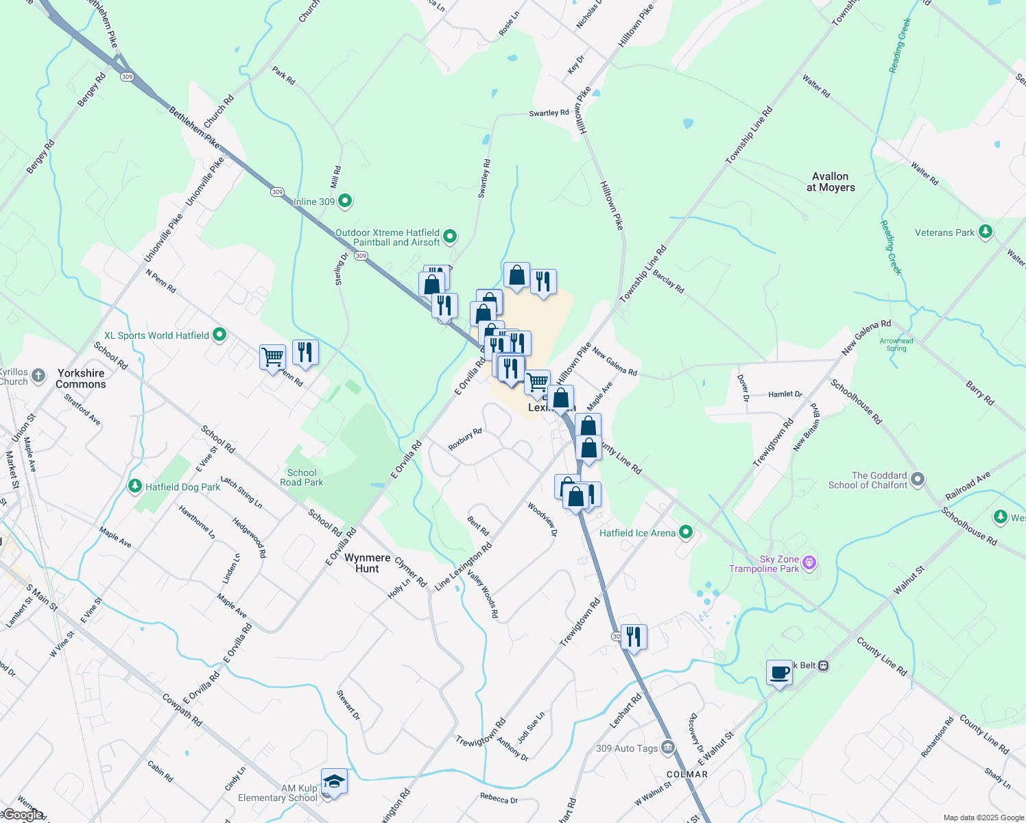 map of restaurants, bars, coffee shops, grocery stores, and more near 1307 Needham Circle in Hatfield