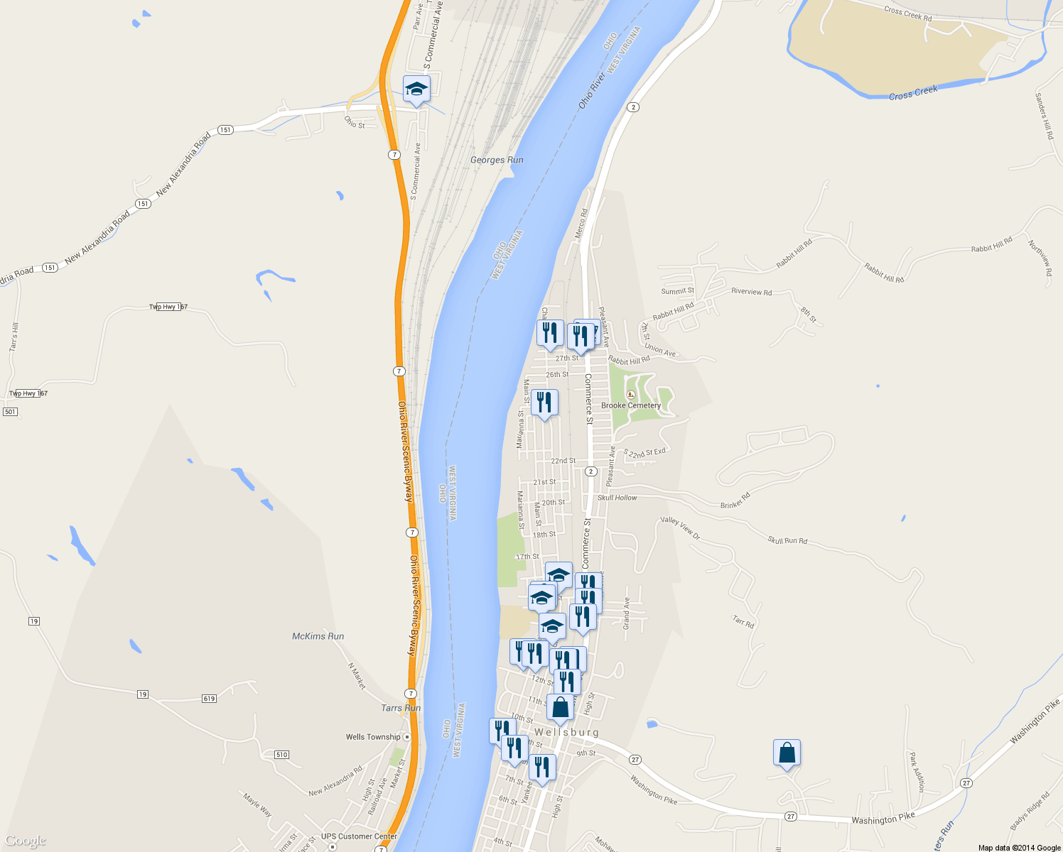 map of restaurants, bars, coffee shops, grocery stores, and more near 2241 Main Street in Wellsburg