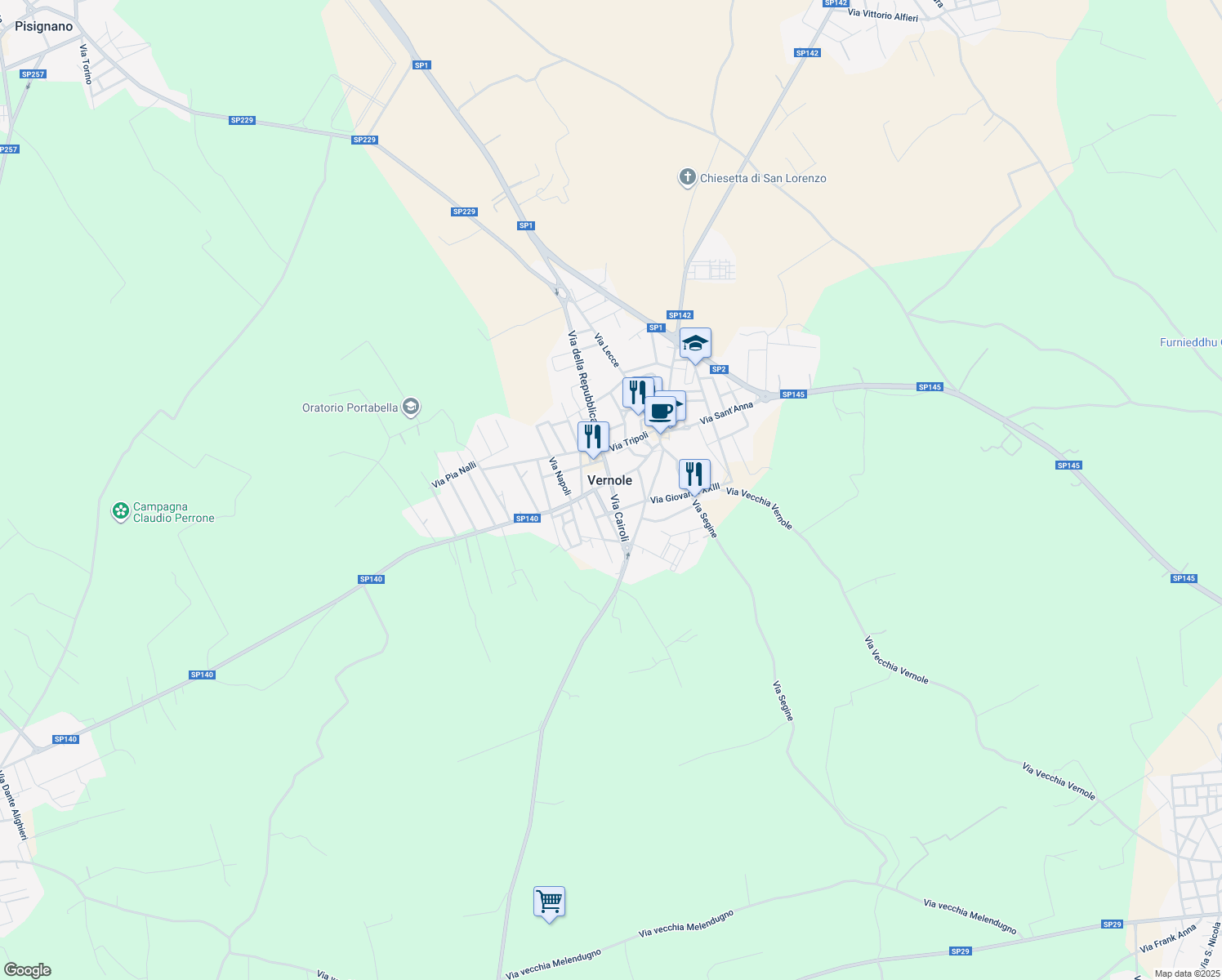 map of restaurants, bars, coffee shops, grocery stores, and more near 19 Via D. de Dominicis in Vernole