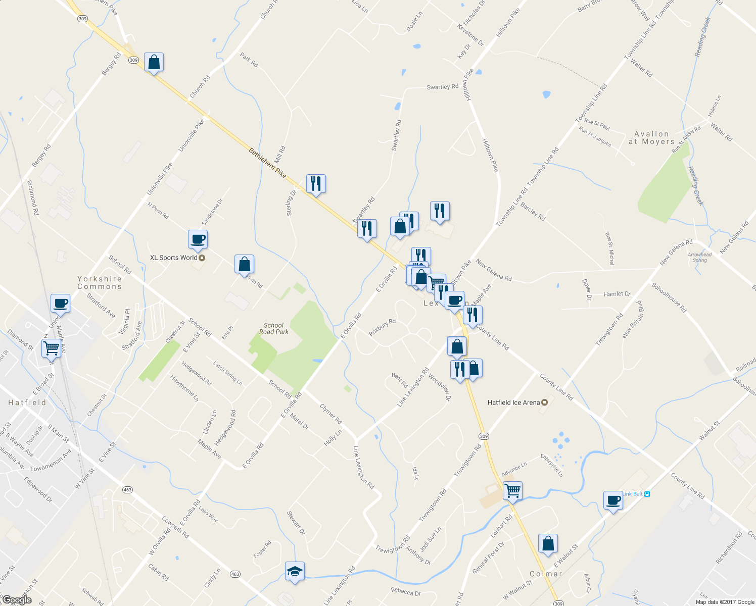 map of restaurants, bars, coffee shops, grocery stores, and more near 3321 East Orvilla Road in Hatfield