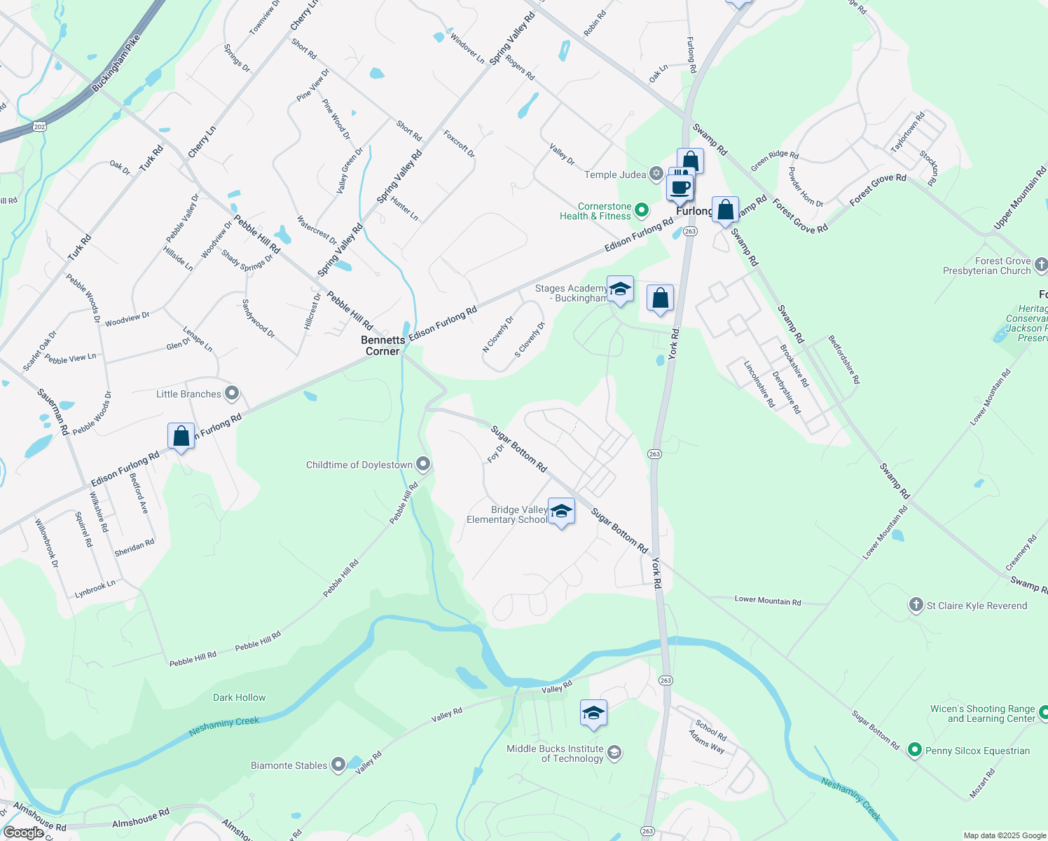 map of restaurants, bars, coffee shops, grocery stores, and more near 2404 South Whittmore Street in Furlong