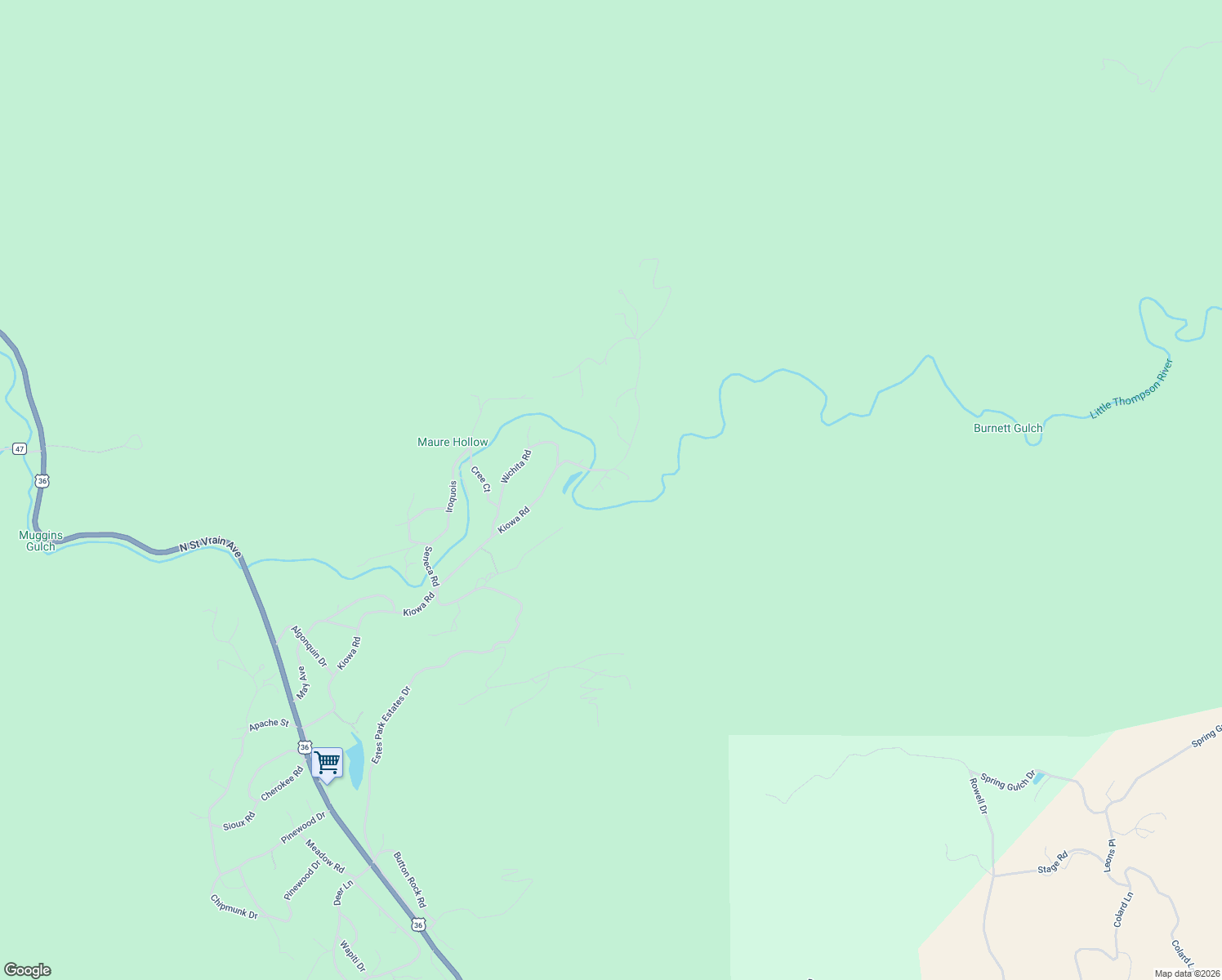 map of restaurants, bars, coffee shops, grocery stores, and more near 28 Ute Crossing Court in Lyons