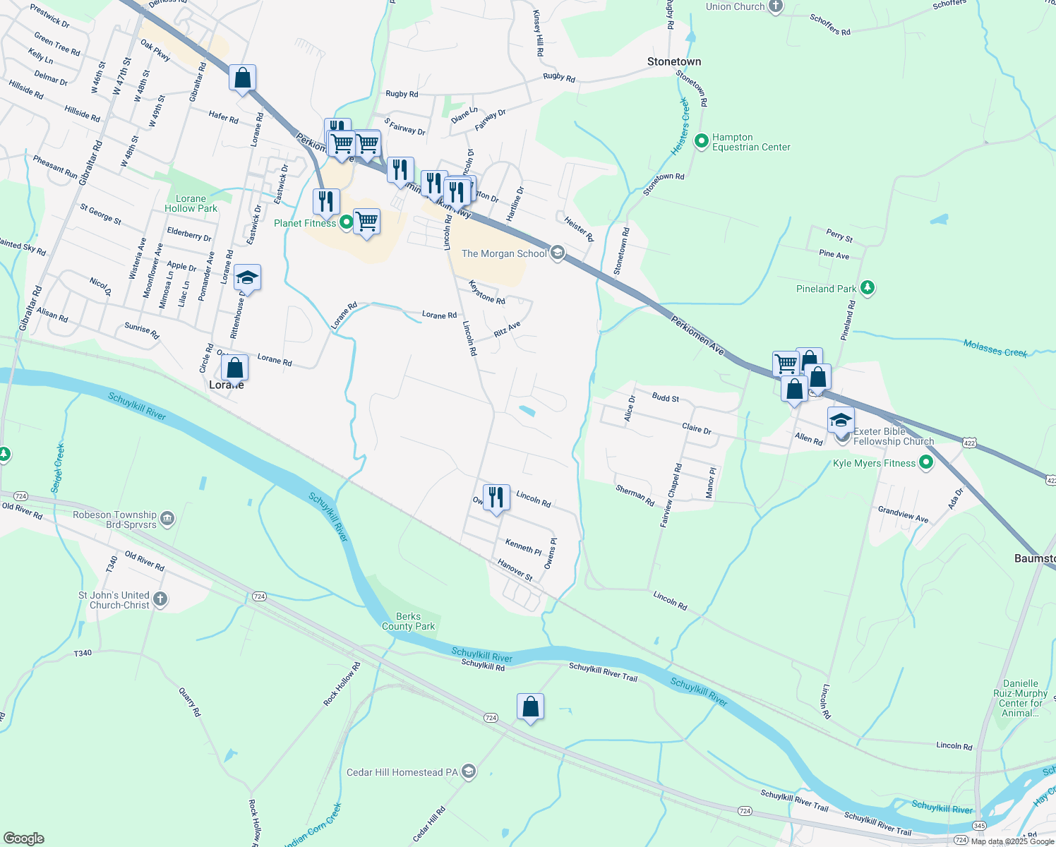map of restaurants, bars, coffee shops, grocery stores, and more near 6051 Long Pond Drive in Birdsboro